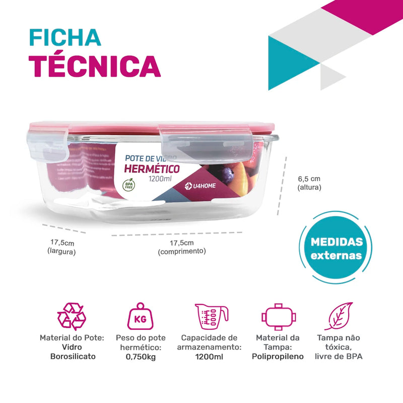 Kit 9 Potes Quadrado Hermético Vidro Grande 1200ml Forno (45% de desconto)